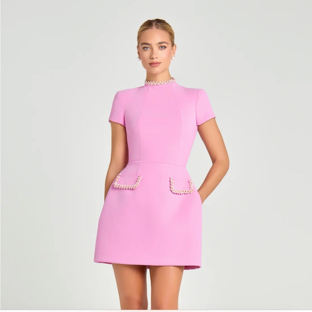 Nadine Merabi Simone Mini Dress with Pearl & Chain Trim in Pink